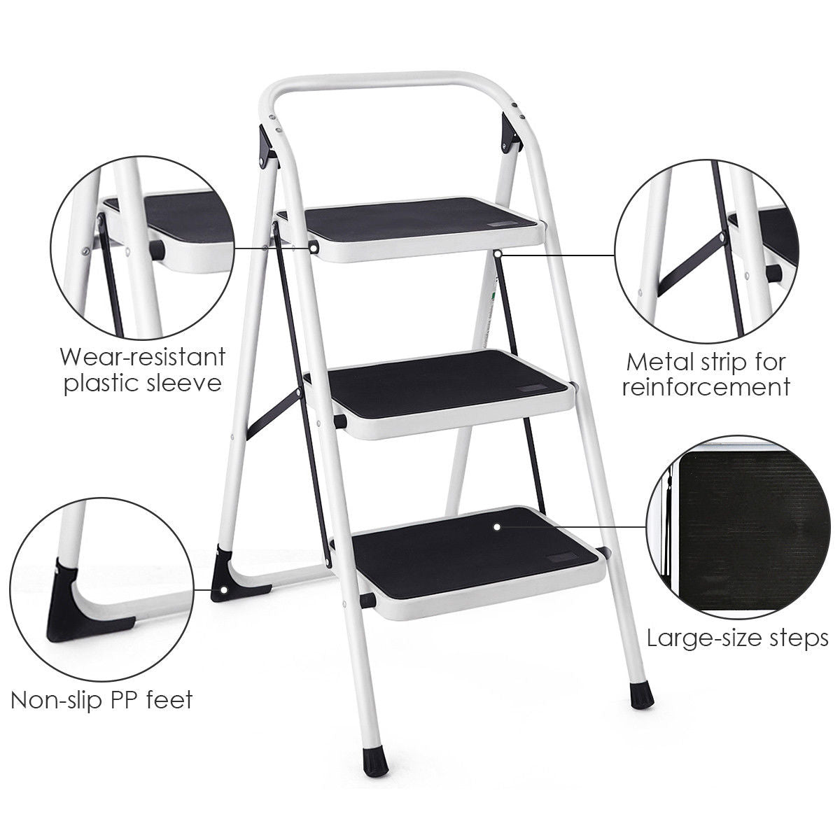 Goplus 3 Step Lightweight Ladder HD Platform Foldable Stool 330 LB Cap. Saving Space