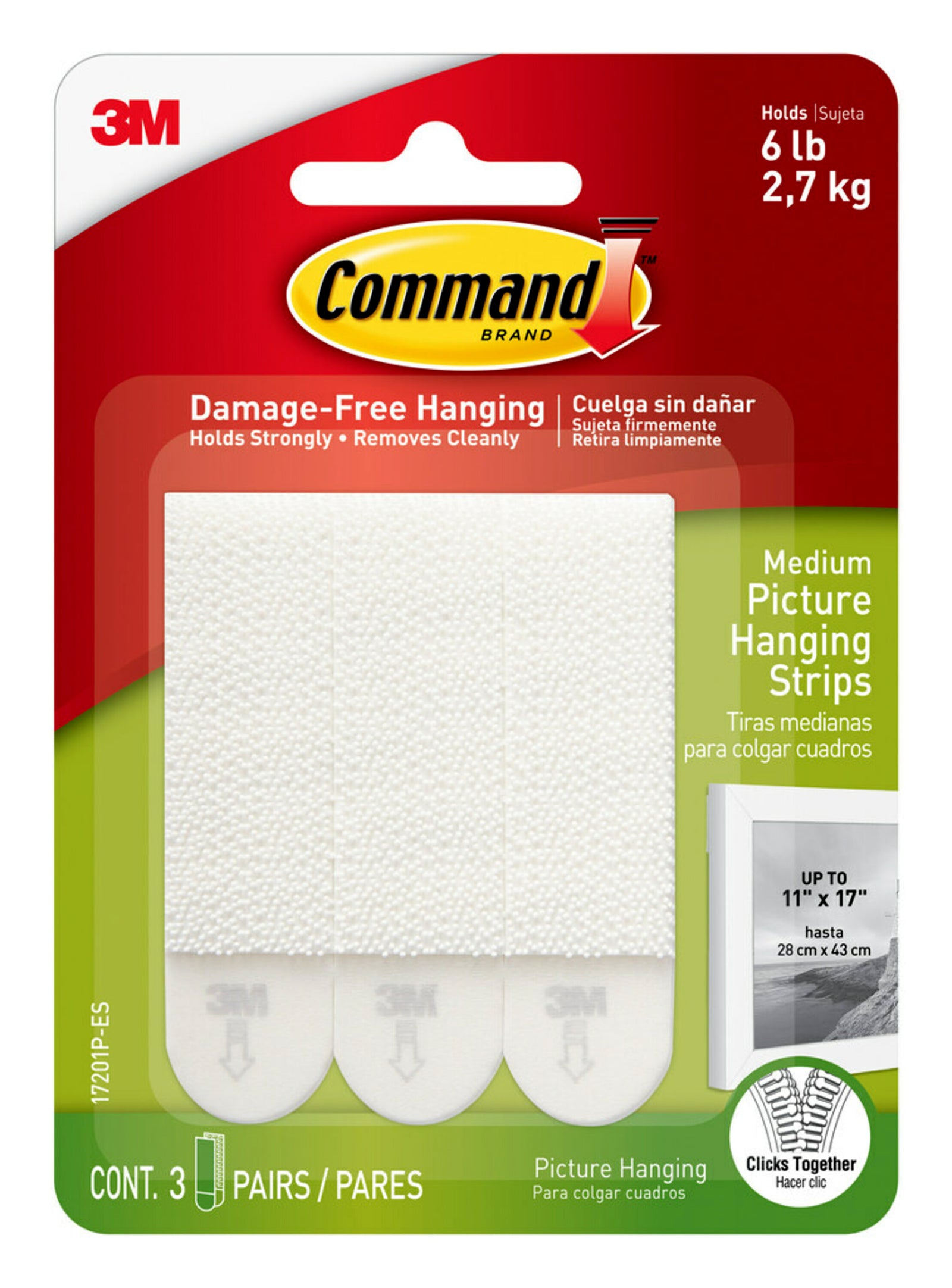 Picture Hanging Strips, White, Medium, 3 Sets of Strips/Pack