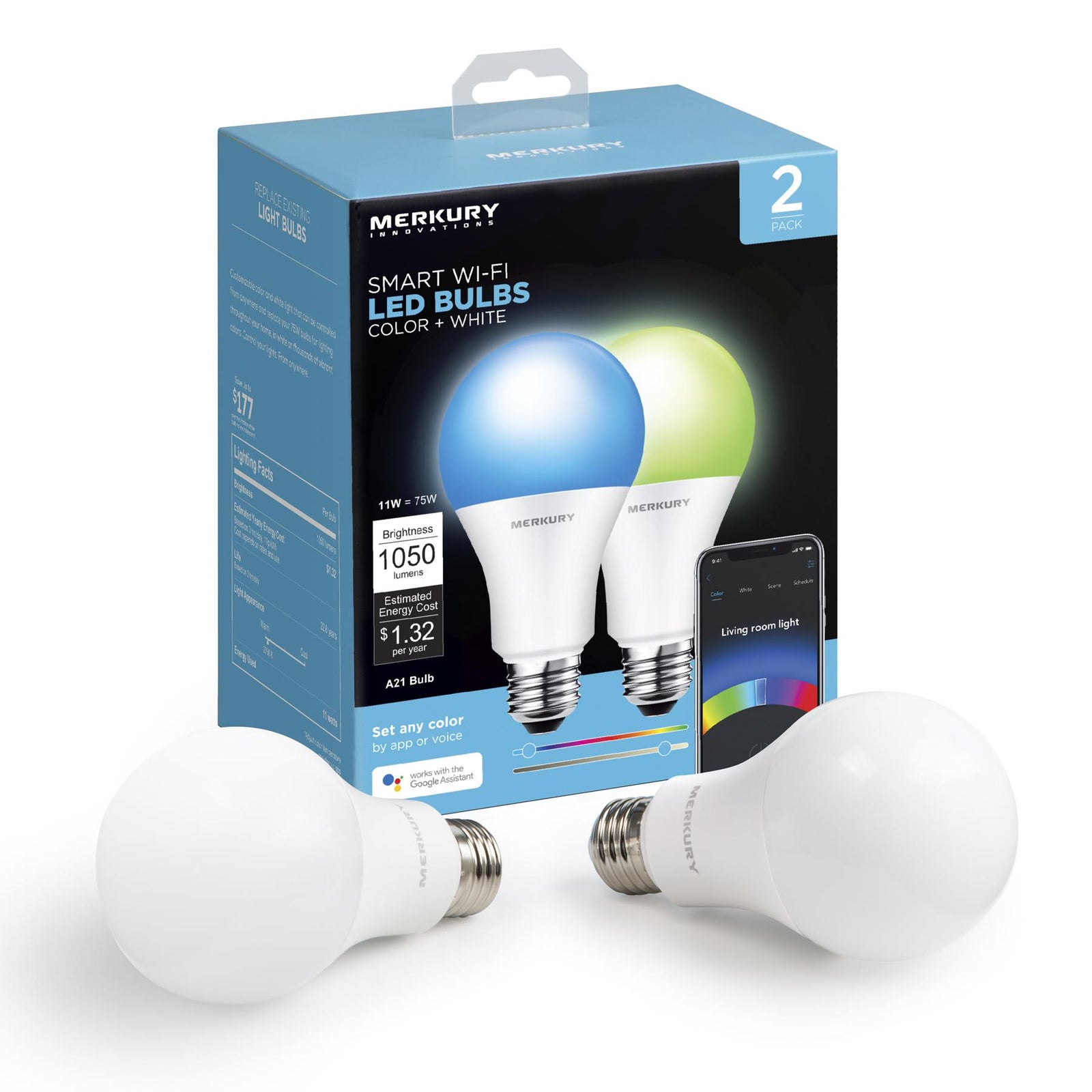 Innovations A21 Smart Multicolor LED Bulb, 75W, Dimmable, 2-Pack