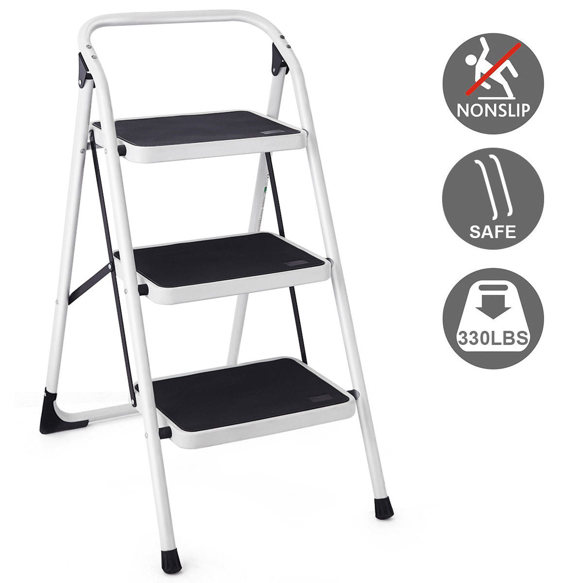 Goplus 3 Step Lightweight Ladder HD Platform Foldable Stool 330 LB Cap. Saving Space