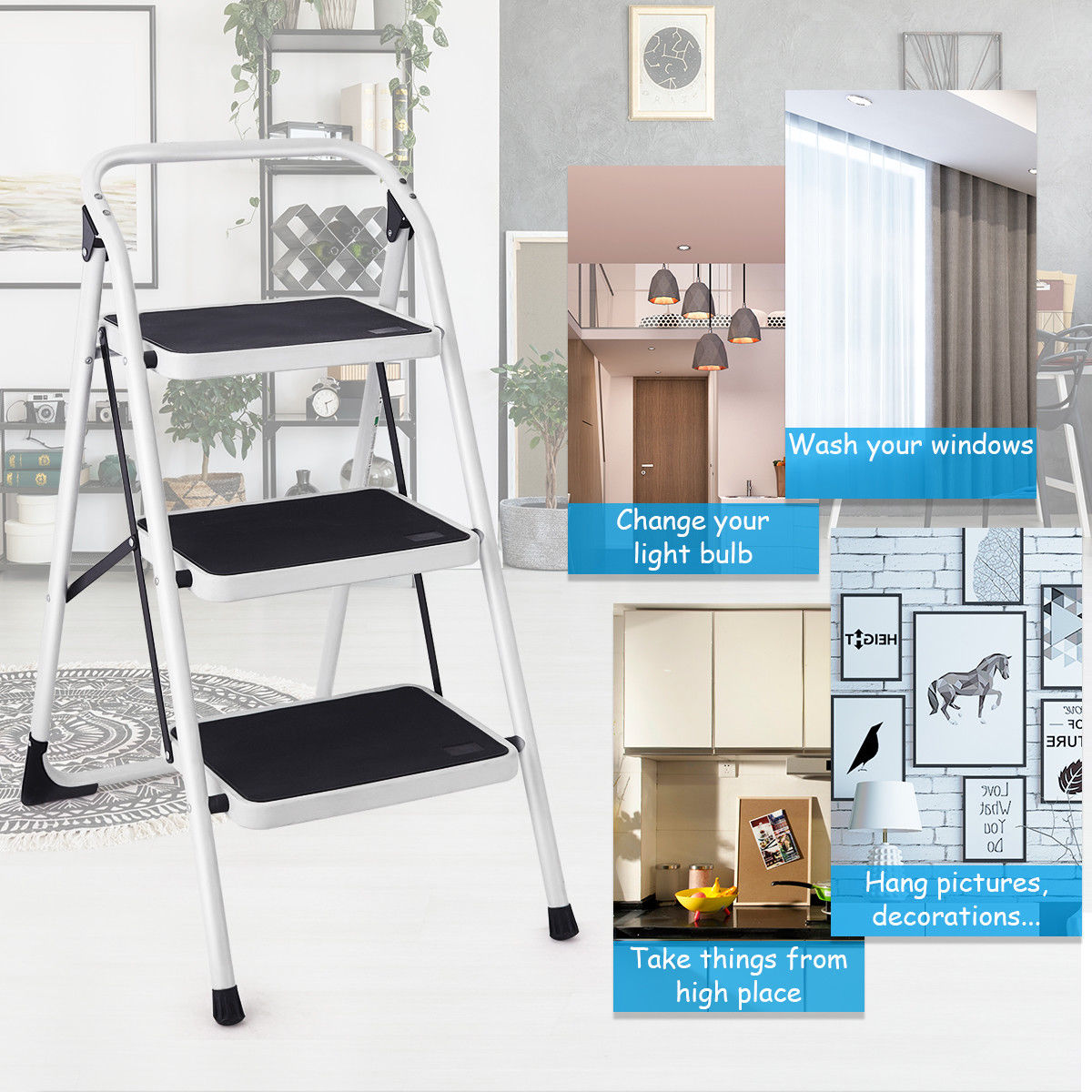 Goplus 3 Step Lightweight Ladder HD Platform Foldable Stool 330 LB Cap. Saving Space